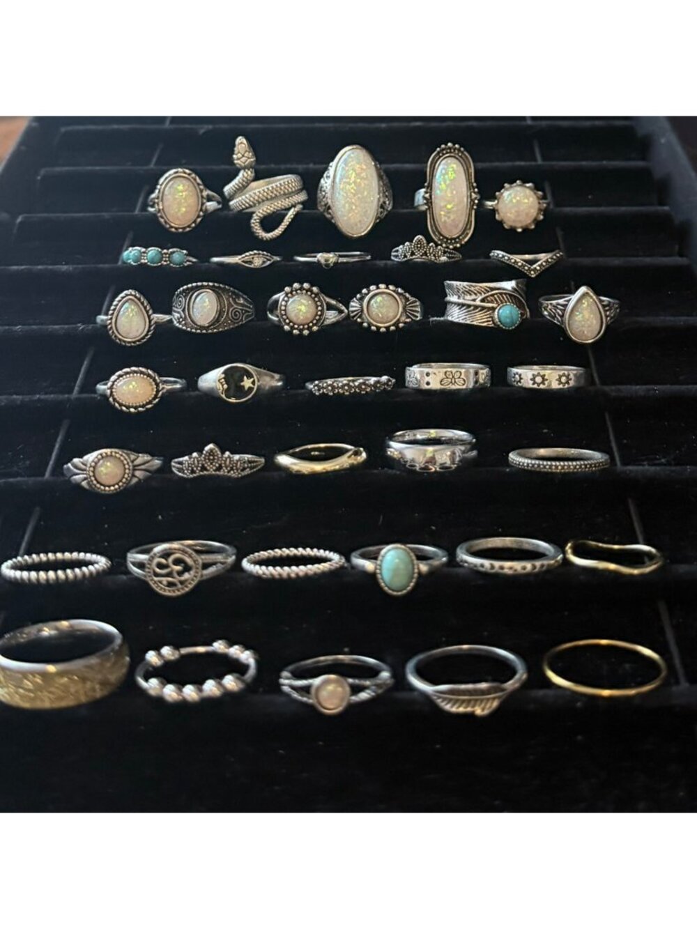 37-Piece Bulk Faux Opal Silver-Tone Boho Stacking Ring Set